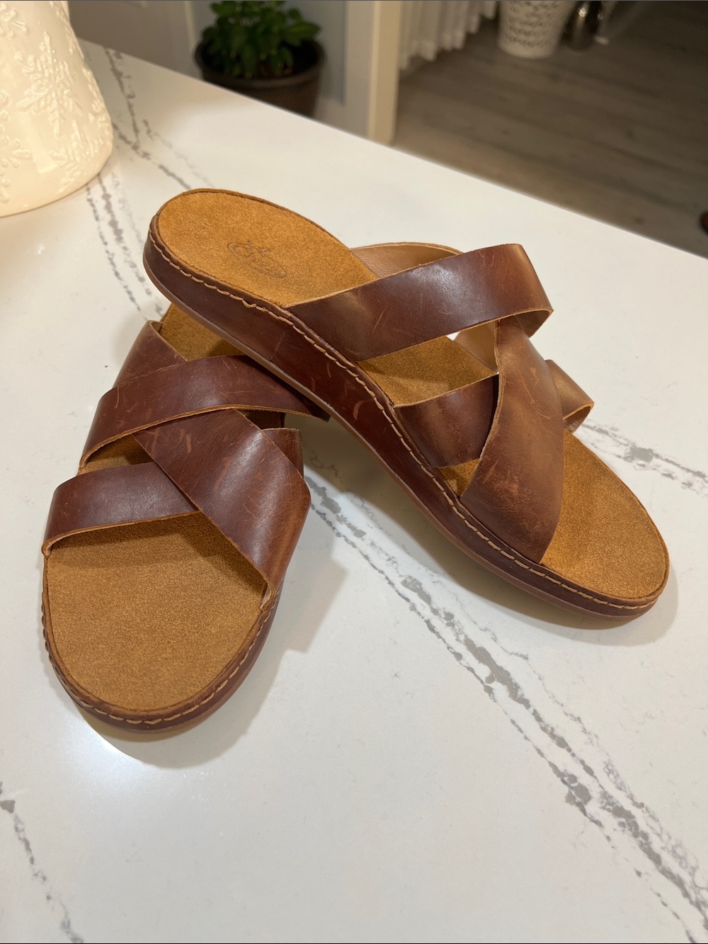 Chaco Brown Leather Slide Sandals with Suede Footbed